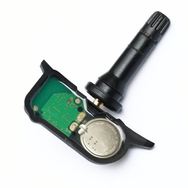 Internal components of the TPMS sensor 407005ZH0A, showing chip and battery. Title: Internal View of TPMS Sensor 407005ZH0A