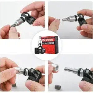 Person installing the TPMS sensor using specialized tools.