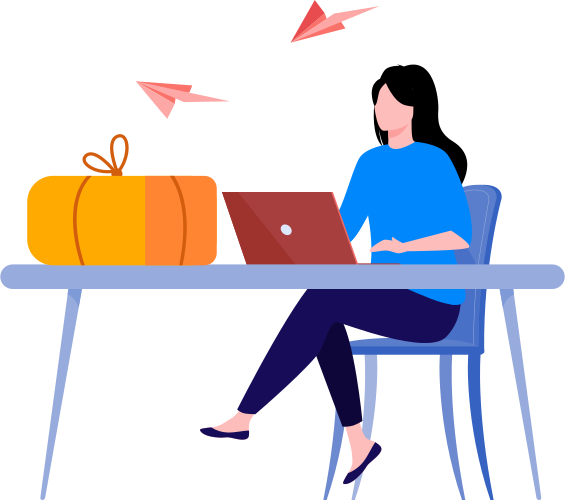 Illustration of a woman working on a laptop with a gift box and paper planes.