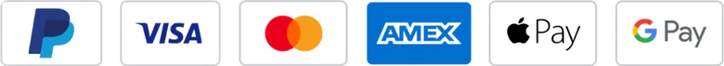 Payment options including PayPal, Visa, MasterCard, American Express, Apple Pay, and Google Pay.