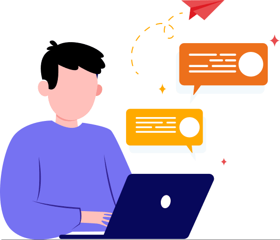 Illustration of a man using a laptop with chat bubbles and a paper plane.