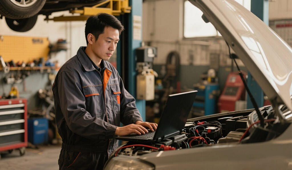 Mechanic testing TPMS sensor voltage to check lifespan
