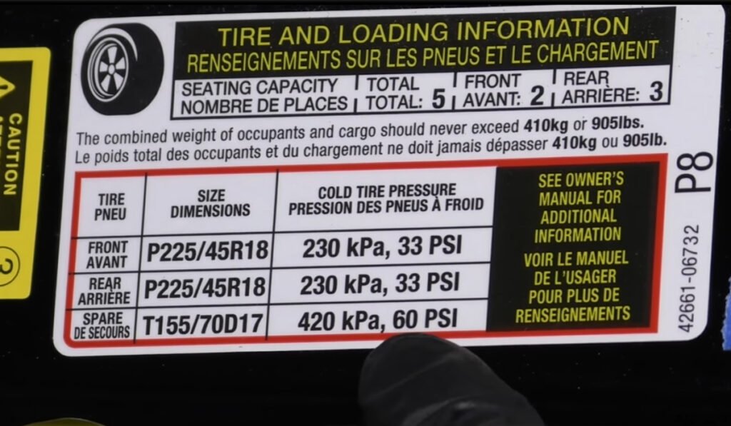 alt="Tire pressure label on the driver's side B-pillar showing recommended tire pressure for the vehicle