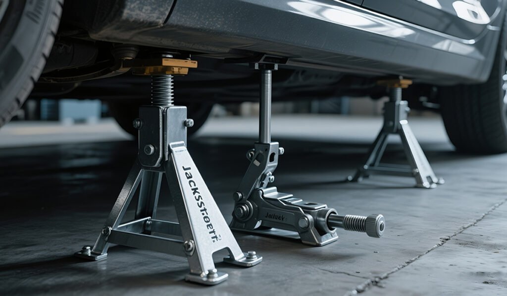 Lifting the car to Replace TPMS Sensor, showcasing the correct way to elevate the vehicle for sensor replacement.