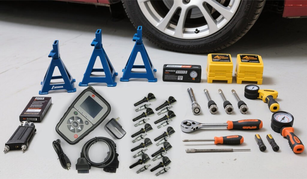 Tools and parts to Replace TPMS Sensor, including the required equipment to properly install the sensor for accurate tire pressure monitoring.