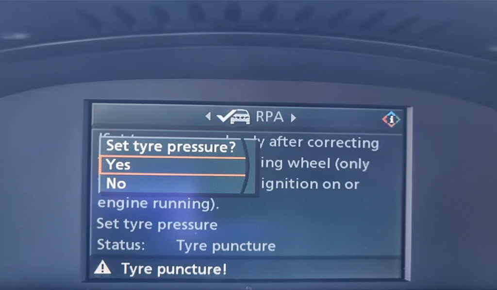 TPMS relearn procedure using the dashboard reset button