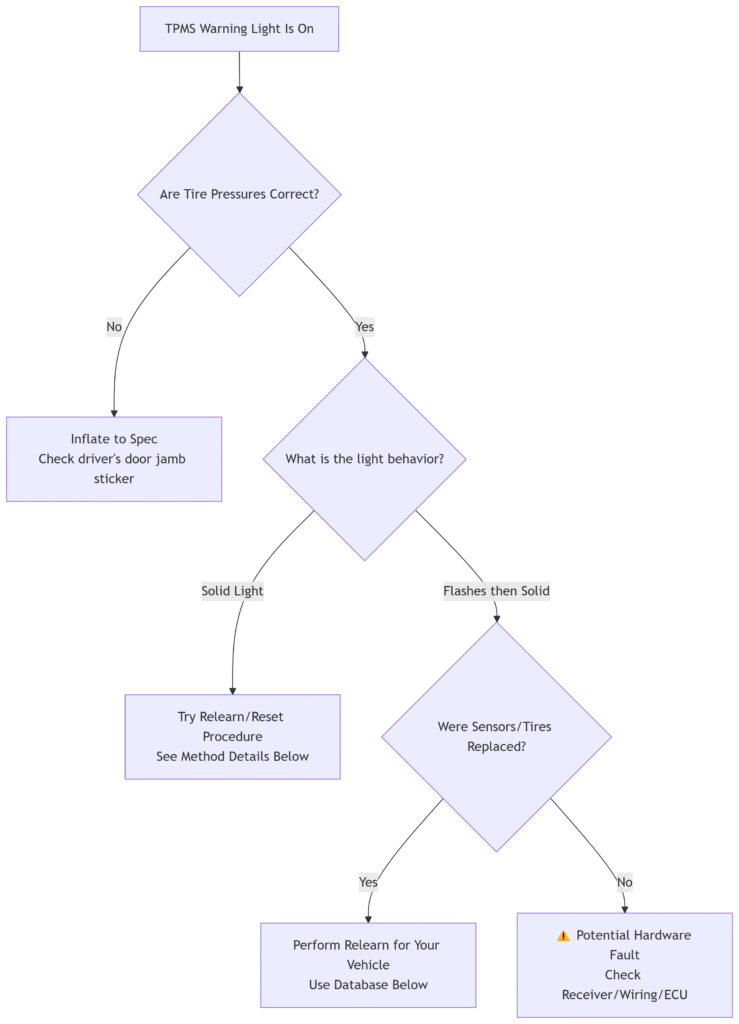 TPMS relearn procedure diagnostic flowchart for tire pressure light