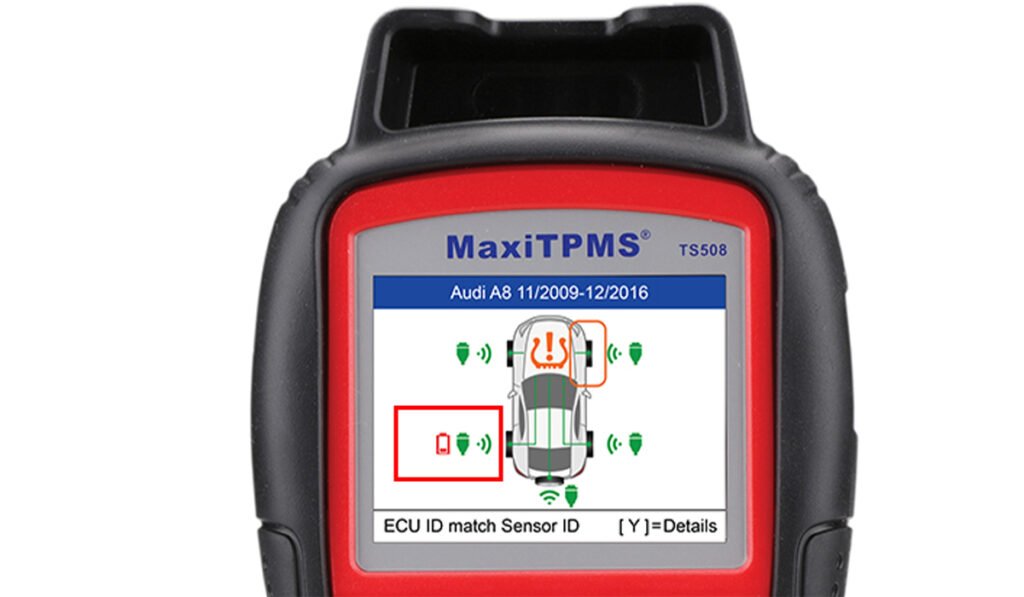 TPMS scanner showing low voltage warning for tpms sensor battery