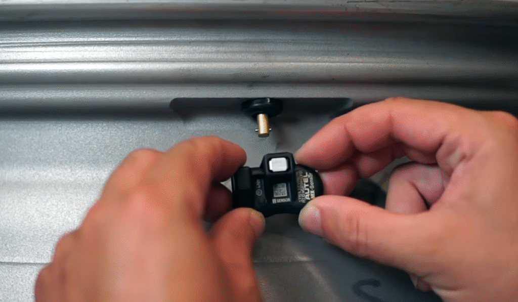 Autel TPMS installation of tire pressure sensor, ensuring correct sensor alignment and integration with the vehicle system