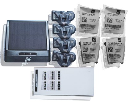 Solar-powered TPMS sensor displaying real-time tire pressure and temperature monitoring